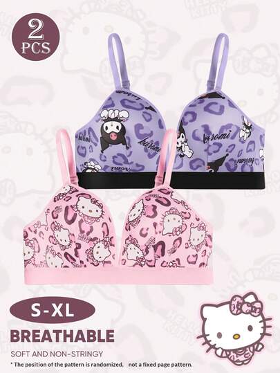 Sanrio 2-delars/set dam-BH, trendigt katt- och kuromi-tryck, lätt och bekväm vardags-BH