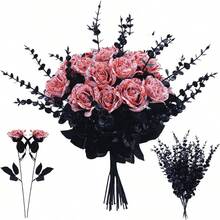 20 Pcs Black, Purple, Red Artificial Roses And 28 Black Eucalyptus Stems Halloween, Silk Flowers With Bendable Stems, Gothic Wedding Bouquet, Haunted House Decor - Blood White - View 1