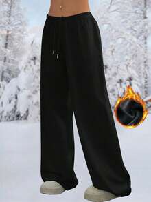 女士保暖加厚休闲直筒裤，冬季日常简约休闲保暖加厚长裤，柔软直筒裤，女装，女士长裤 - 黑色 - 查看 2