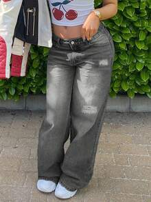 Women Casual Washed Straight Leg Low Rise Baggy Ripped Jeans - Grey - View 5