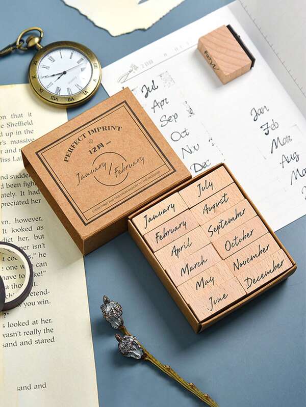1 Box Vintage Design Time Theme Wooden Stamps, Numbers & Days, Month Patterns Creative Stamps For DIY Brochure Decoration Scrapbook And School Supplies Decoration Wooden Stamps