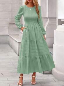 Womens Long Sleeve Fall Dresses Casual Crew Neck Smocked High Waist Tiered Flowy Maxi Dress With Pockets - 淺綠色 - 查看 3