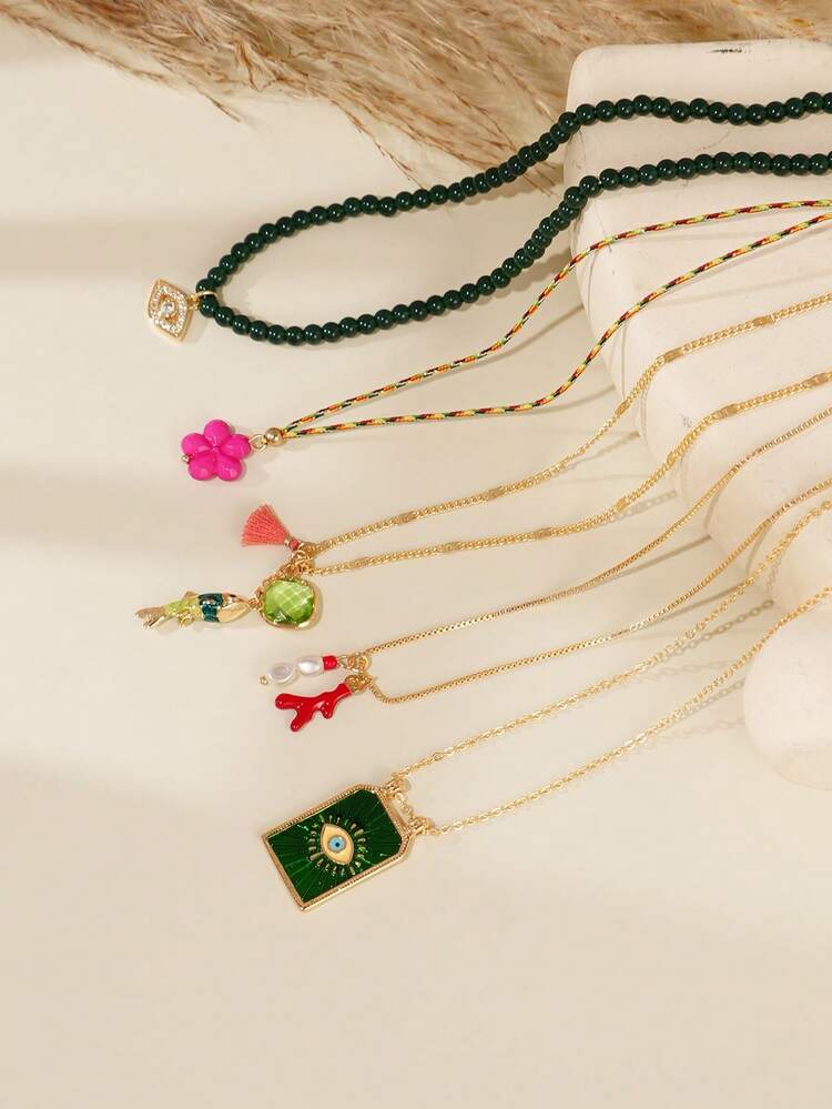 5 Peças Conjunto de Colar Multicamadas Boêmio Feito à Mão com Contas de Peixe, Flor, Olho, Pérola Falsa, Borla, Colar Colorido de Dopamina para Mulheres, Adequado para Uso Diário e Festa, Todas as Estações - Multicolorido - Visão 3