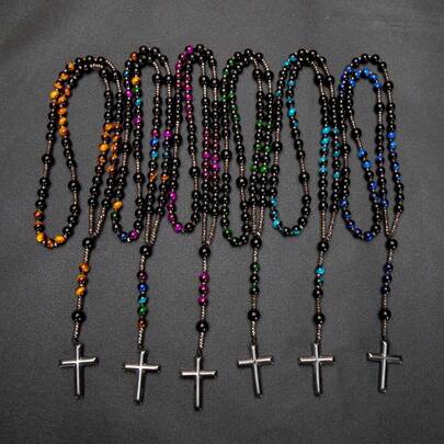 1pc Fashionable Minimalist Handmade Beaded Necklace With Cross Glass Beads, Versatile Long Necklace For Men