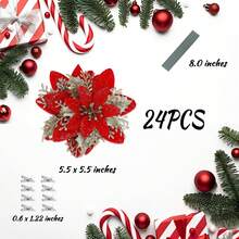 24 Christmas Red Gold Artificial Christmas Flowers Sparkling Christmas Decorations Christmas Tree Flowers With Poles And Clips For Flower Garlands Christmas Trees New Year Party Decorations Wedding, Christmas, Party, Holiday, Wedding, Scene Decoration