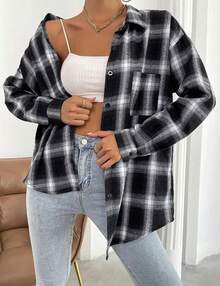 Womens Fashion Flannel Buffalo Plaid Shirt Button Down Long Sleeve Casual Loose Collared Shirts Blouse Top