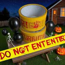Halloween Absperrband Dekorationen - 1 Rolle gelb "NICHT BETRETEN" mit roten Bluthandabdrücken, gruselige Zubehörteile für Spukhaus, Friedhof, Party Dekoration - Verschiedenfarbig - Übersicht 2