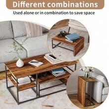 Mesa de centro de dos piezas, mesa auxiliar, aspecto mármol, estructura y estante de metal, mesa de centro, mesa de sala de estar, mesa de sofá, adecuada para sala de estar, dormitorio, madera y negro - Madera y negro - Ver 10