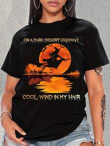 Women's Casual Halloween Witch Pattern T-Shirt - "On The Dark Desert Road" & "The Wind Blows My Hair" Design, Black With Orange Sunset Print, Soft Stretch Crew Neck T-Shirt Suitable For Daily Wear And Theme Parties, Theme Party Clothing, Stylized Witch Pattern, Medium Elastic Fabric - 黑色 - 查看 1