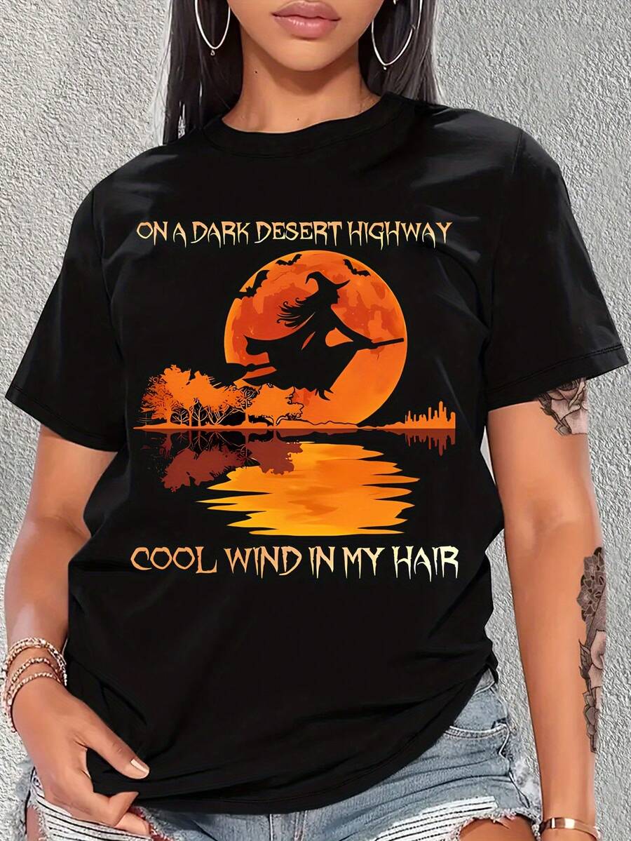 Women's Casual Halloween Witch Pattern T-Shirt - "On The Dark Desert Road" & "The Wind Blows My Hair" Design, Black With Orange Sunset Print, Soft Stretch Crew Neck T-Shirt Suitable For Daily Wear And Theme Parties, Theme Party Clothing, Stylized Witch Pattern, Medium Elastic Fabric - 黑色 - 查看 1