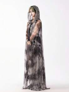 1 áo choàng Halloween có mũ màu đen, 1 áo blouse phù thủy ren, 1 khăn choàng lưới, 1 nơ cổ bèo nhún, họa tiết hoa - A - Xem 2