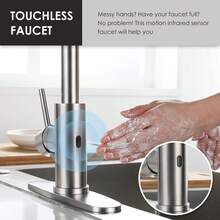 Cooltens - Grifo de cocina sin contacto, con sensor de movimiento y manos libres con rociador desplegable de níquel cepillado, grifo inteligente de acero inoxidable de un solo mango de arco alto - inteligente - Ver 6