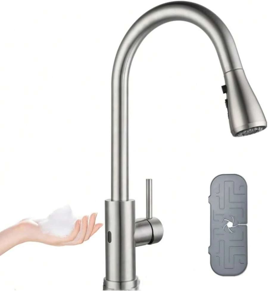 Cooltens - Grifo de cocina sin contacto, con sensor de movimiento y manos libres con rociador desplegable de níquel cepillado, grifo inteligente de acero inoxidable de un solo mango de arco alto - inteligente - Ver 1