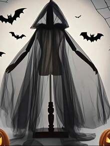 1 件套万圣节深色哥特式连帽长网状斗篷，酷炫女巫服装披风，男女通用 - 黑色 - 查看 5