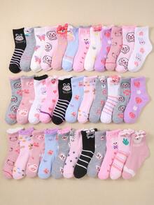 20 Pairs Girls' Cartoon Pattern Comfortable Mid-Calf Socks, Rabbit/Bear Designs, Lace Trim, Assorted Styles, Suitable For Daily Wear - Multicolor - View 1