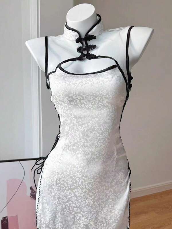 Costum Cheongsam 1 bucată, uniformă în stil retro, costum transparent cu nodă laterală, costum de Halloween