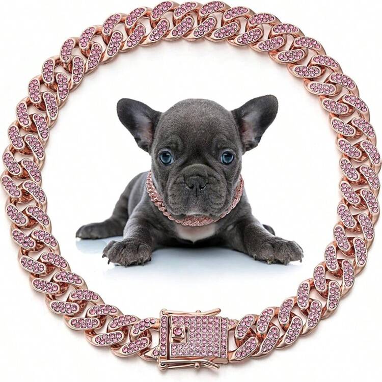1 pieza Cadena cubana de estilo hip hop para mascotas, collar de perro con rhinestones, accesorio de collar de aleación para mascotas, decoración de estilo hip hop, adecuado para uso diario y fiestas - Oro rosa - Añade 13
