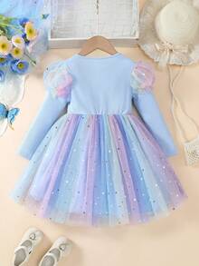 1 chiếc váy công chúa vải tuyn lưới phong cách công chúa cho bé gái, cổ tròn tay bồng, thích hợp cho hoạt động ngoài trời, tiệc tùng, ngày lễ, mùa thu/đông - Màu xanh lam - Xem 10