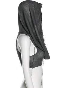 Women Knitted Hoodie Sweater Vest Sleeveless Hollow Out Hooded Crop Top Streetwear Rave Oufit - Gray - 查看 6