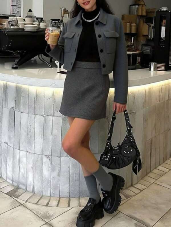 Solid Color Fleece Pocket Button Front Jacket, Office Wear For Women, Autumn/Winter