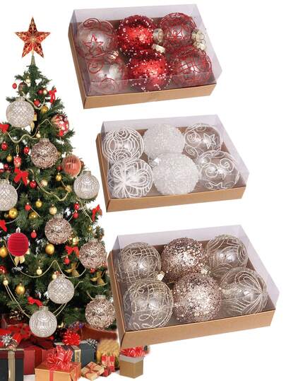 6 件透明和香槟色圣诞球装饰物，80 毫米/3.15 英寸乡村农舍圣诞装饰品，大型防碎奢华手绘圣诞装饰物，适用于圣诞树、婚礼（香槟色、红色、白色）