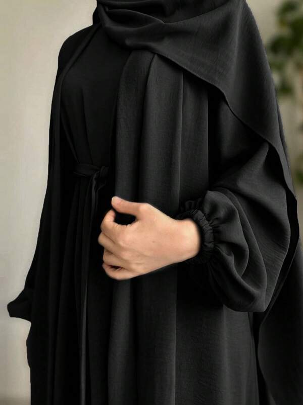 SuofeiMan Plus Size Middle Eastern Style Solid Color Comfortable Casual Open Front Long Robe Dress Two Pieces Set, Without Headscarf, Suitable For Casual Daily Wear, Holidays, Gatherings And Dates