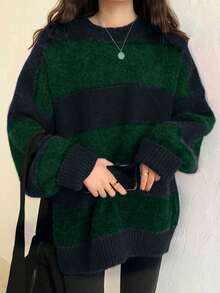 Valentine's Day Women's Oversized Stripe Sweater 2026 Spring Y2K Crewneck Knit Top,Loose Fit Long Sleeve Pullover - 綠色 - 查看 3