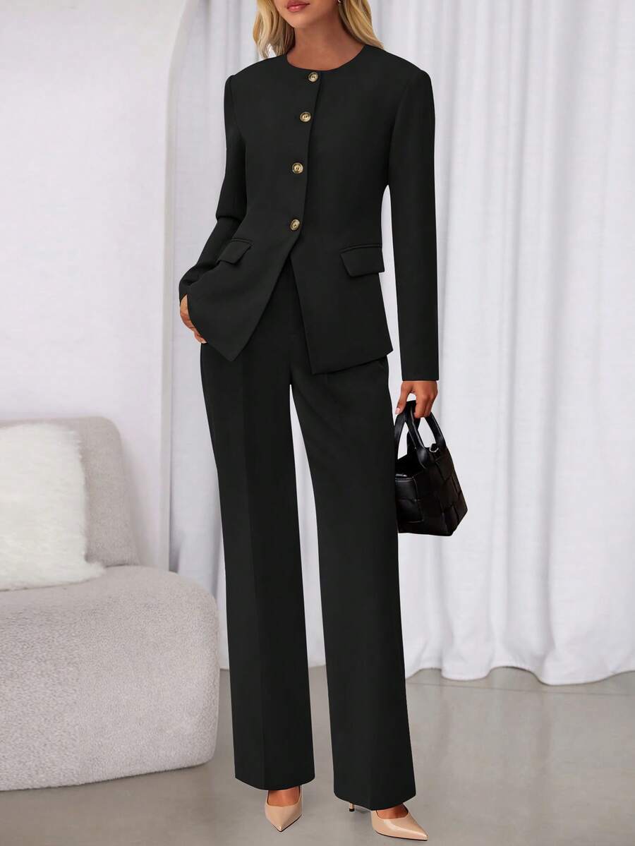 Women Two Piece Blazer Set Fall Casual Long Sleeve Blazer Jackets Wide Leg Pant Pockets Suits Autumn Fall Casual Formal Office Business Outfits - màu đen - Xem 1
