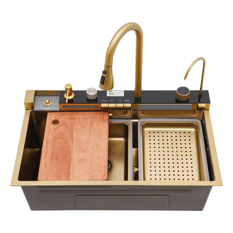 YUNRUX Digital Waterfall Sink, Waterfall Kitchen Sink, Digital Display Waterfall Sink - Gold - View 1
