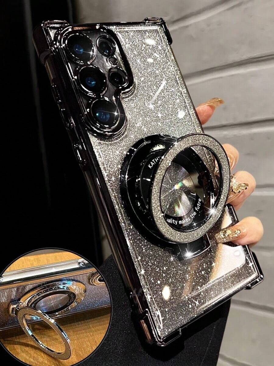 奢华电镀透明手机壳，带指环磁吸支架，镶钻闪亮Y2K风格，夏季新款时尚硅胶防震软壳，兼容 16/16e/15/14/13/12/11/X/XS/XR/8/7 Plus/Pro/Max/Mini，三星Galaxy S24/S25 Ultra，小米Redmi，华为荣耀，OPPO Reno，摩托罗拉，Infinix Women 2025，国际版，非国内版 - 黑色 - 查看 1