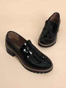 Women Black Patent Loafers Slip On Platform Chunky Heel Dress Work Business Casual School Preppy Loafers Autumn Shoes - 蒙特內哥羅 - 查看 6