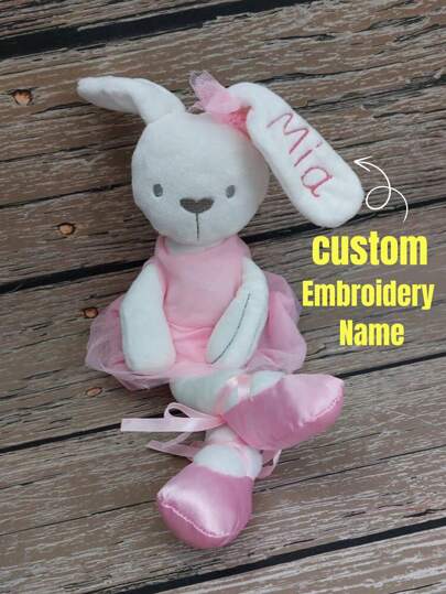 1pc Customized Bunny Stuffed Animal Plush Doll, Comfort Bunny Chewable Doll With Embroidered Name/Logo On Bunny Ears, Gift For Birthday, New Mom, Girlfriend, Anniversary, Graduation, Back To School