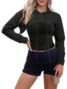 Women Crop Top Pullover Sweatshirt Long Sleeve Drawstring Hoodie - Màu xanh lam - Xem 9