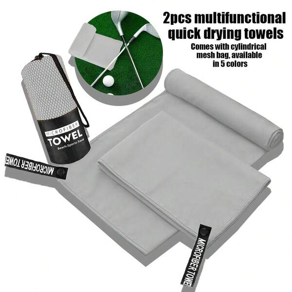 Toalha de praia/natação de microfibra superabsorvente de secagem rápida, 2/1 peça, toalha de praia macia de secagem rápida, dupla face, de pelúcia, cor sólida, portátil, para ioga, fitness e esportes
