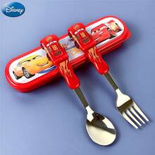 1 Set Of 2 PCS Disney Officially Licensed Cars Red McQueen Cartoon Zootopia: Judy/Toy Story: Buzz Lightyear 3D Spoon And Fork Set Non-Slip Handles Portable Storage Highly Durable Tableware Outdoor Picnics Kindergarten - Red - View 5