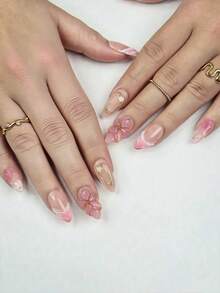 10 件装温柔甜美风格杏仁粉状腮红按压指甲，粉状腮红花朵设计，镀金边缘装饰和粉色渐变点缀纯手工美甲，夏季必备假指甲，适合日常佩戴、婚礼、派对和节日，是送给女士和女孩的最佳礼物 - 淺粉色 - 查看 3