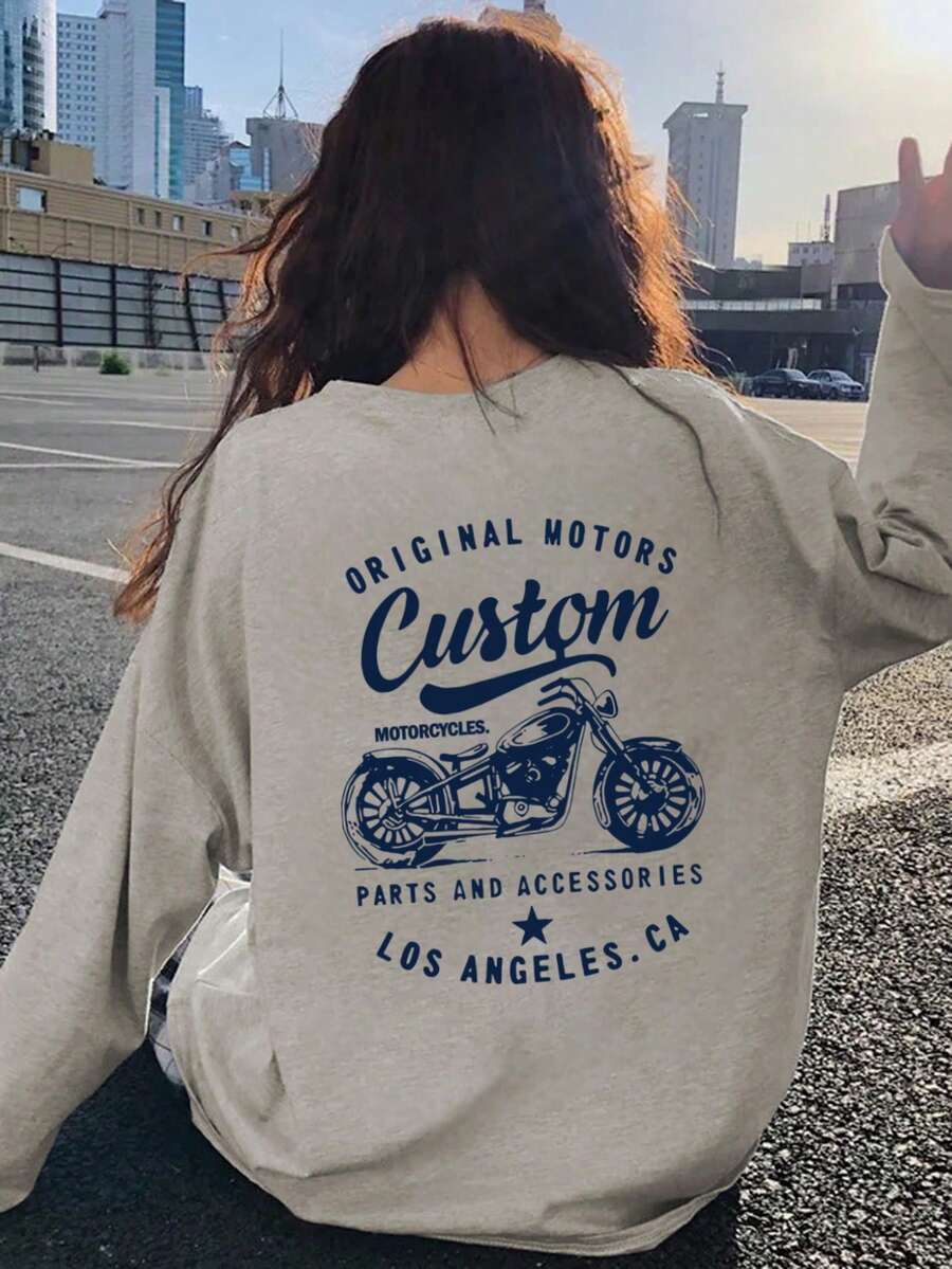 女士休闲英文文字印花薄款长袖T恤，百搭秋冬