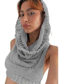 Women Knitted Hoodie Sweater Vest Sleeveless Hollow Out Hooded Crop Top Streetwear Rave Oufit - 淺灰色 - 查看 2