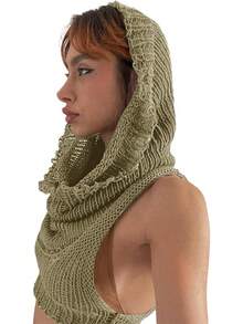 Women Knitted Hoodie Sweater Vest Sleeveless Hollow Out Hooded Crop Top Streetwear Rave Oufit - 橄欖綠 - 查看 3