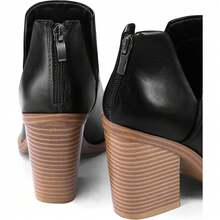 Women's Slip-On Ankle Boots – Cutout Pointed Toe Chunky Mid Heel Booties For Casual, Work & Daily Wear - 黑浦 - 查看 4