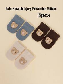 3pcs/Set Embroidered Bear Design Baby Boy Mittens, Cartoon Knitted Thick Warm Gloves, Candy Colors, Suitable For Autumn/Winter, 0-12M
