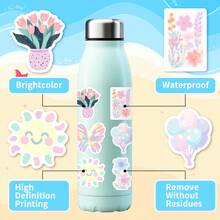 50 piezas Pegatinas con dibujos florales lindos, resistentes al agua para equipaje, botellas de agua, fundas de teléfono, guitarra, altavoz