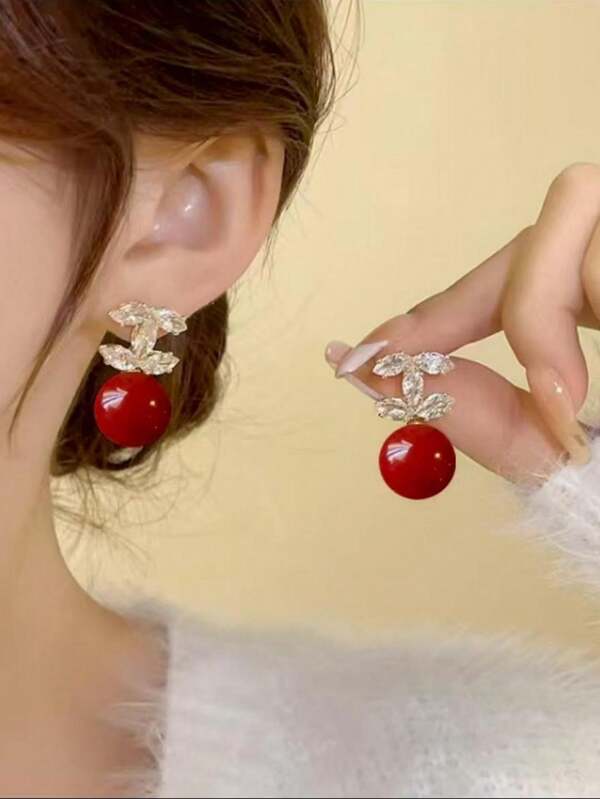 1 Pair Elegant Fashion Red Agate Pearl Gold Double CC Letter Stud Earrings, Versatile Women's Exquisite Accessory, Suitable As Summer Gift