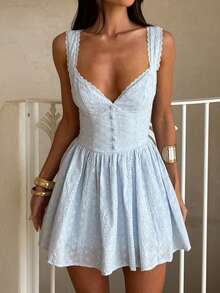 Women's Summer Mini Dress Stylish Solid Lace Trim Flower Embroidered Hollow Details Sleeveless V Neck A Line Dress - Màu xanh lam - Xem 2