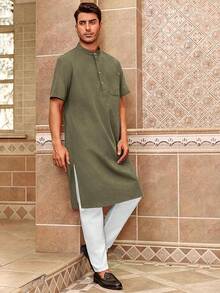Mens Kurta Cotton Linen Henley Shirts Kaftan Short Sleeve Lounge Plain Gown Shirt-20256688 - xanh quân đội - Xem 7