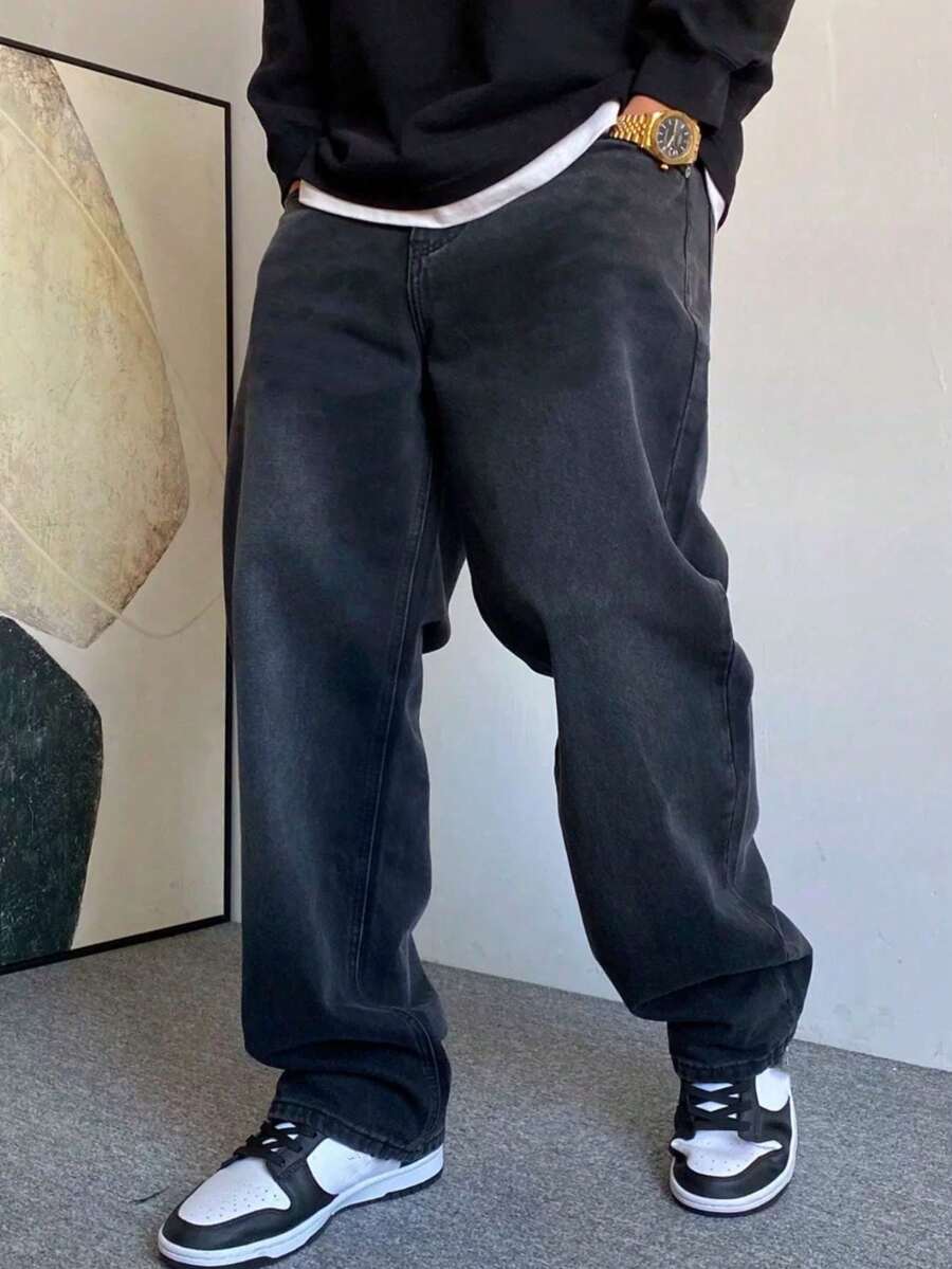 Baggy Jeans Wide Leg Straight Fit Carpenter Jeans UNISEX - Màu xám đen - Xem 1