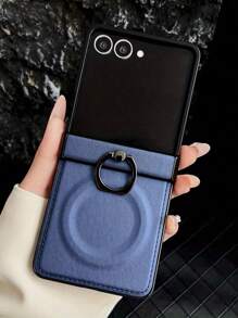 Leather Phone Case Compatible With Samsung Galaxy Z Flip 7 6 5 4 3 Magnetic Ring Holder Stand Shockproof Solid Color Back Cover - Blue - View 2