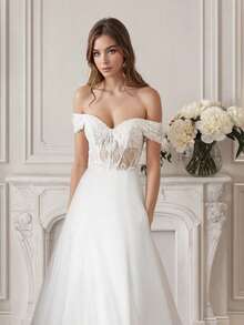 Off Shoulder  Weddding Dress For Women Tulle Lace Applique Bridal Gown