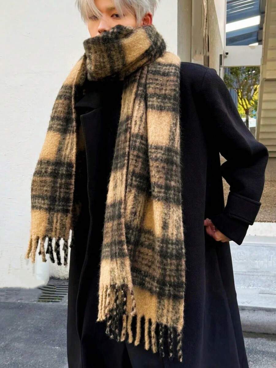 1pc Men's Autumn And Winter Vintage Maillard Scarf, Outdoor Windproof And Warm Thick Scarf Shawl, Couple Plaid Tassel Scarf, Suitable For Both Men And Women