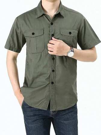 Men's Short Sleeve Military Green Casual Solid Color Shirt, Work Shacket, Summer